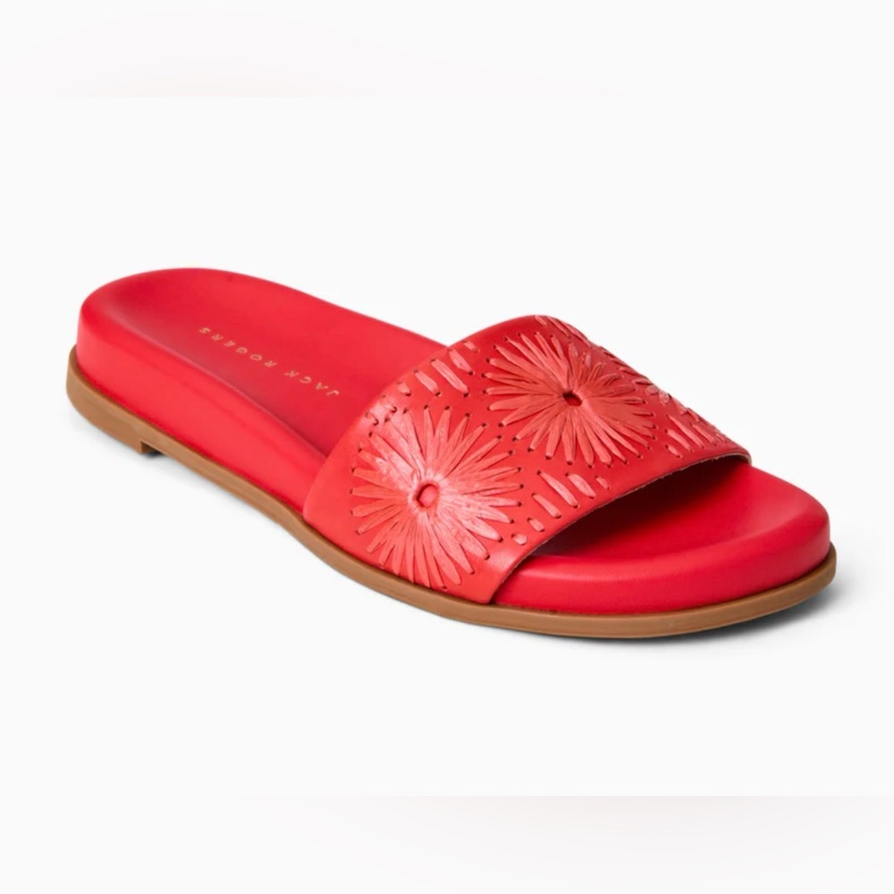 Jack Rogers Somerset Embroidered Leather Slide Sandal Fire Red